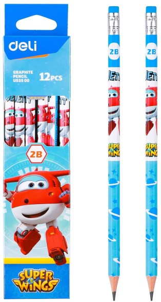Карандаш ч/г Deli EU53500 Super Wings 2B шестигран. ассорти (12шт) ластик