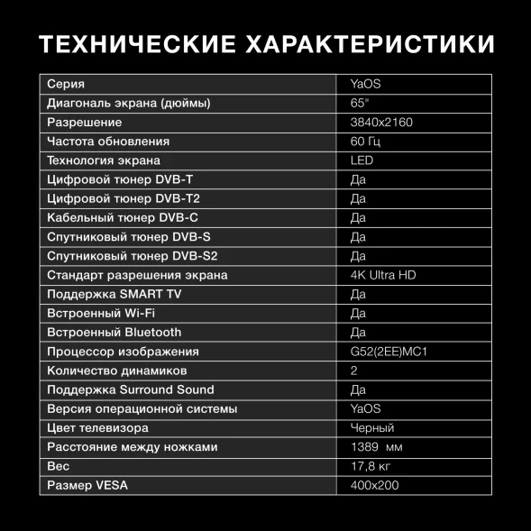 Телевизор LED Hyundai 65&amp;quot; H-LED65BU7003 Яндекс.ТВ Frameless черный 4K Ultra HD 60Hz DVB-T DVB-T2 DVB-C DVB-S DVB-S2 USB WiFi Smart TV