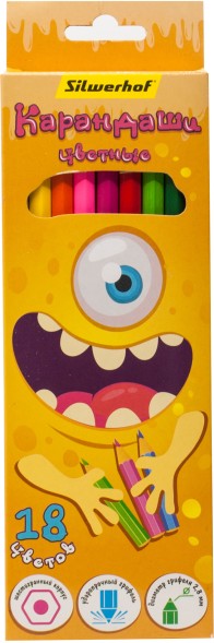 Карандаши цв. Silwerhof Монстрики 2.8мм шестигран. дерево ассорти 18цв. коробка/европод.