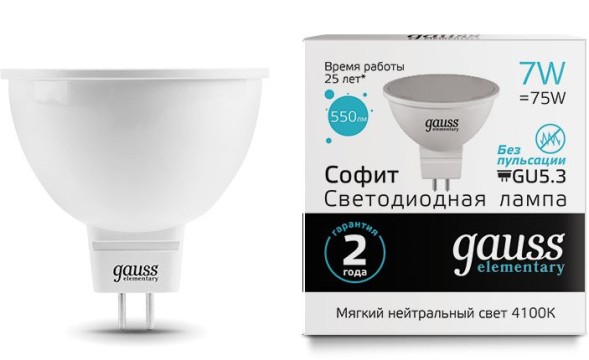 Лампа светодиодная Gauss Elementary MR16 7Вт цок.:GU5.3 спот 220B 4100K св.свеч.бел.нейт. MR16 (упак.:10шт) (13527)