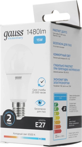 Лампа светодиодная Gauss Elementary A60 15Вт цок.:E27 груша 220B 6500K св.свеч.бел.хол. (упак.:1шт) (23235)