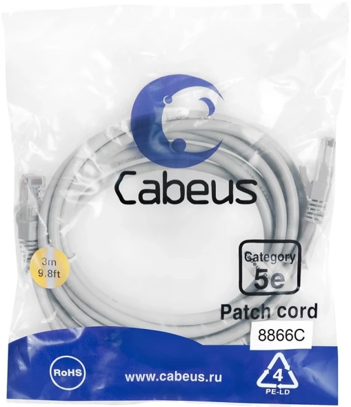 Патч-корд Cabeus PC-UTP-RJ45-CAT.5E-3M-LSZH U/UTP RJ-45 вил.-вилка RJ-45 кат.5E 3м серый LSZH