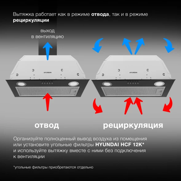 Вытяжка встраиваемая Hyundai HBB 6033 BK черный управление: кнопочное (1 мотор)