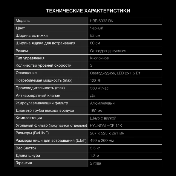 Вытяжка встраиваемая Hyundai HBB 6033 BK черный управление: кнопочное (1 мотор)