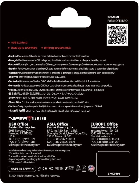 Накопитель SSD Patriot USB-C 1TB PVP301TB28UDG Viper PVP30 2.5&amp;quot; черный USB-A