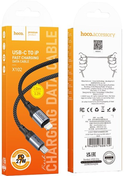 Кабель Hoco X102 Fresh iP USB-C-Lightning (m) 1м черный коробка