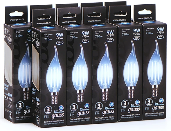 Лампа светодиодная Gauss Filament 9Вт цок.:E14 свеча 220B св.свеч.бел.нейт. CF35 (упак.:10шт) (104801209)