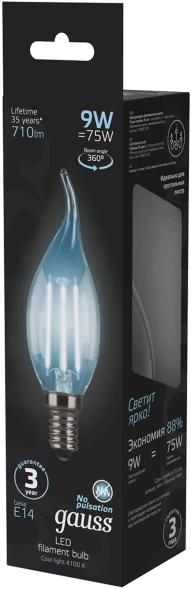 Лампа светодиодная Gauss Filament 9Вт цок.:E14 свеча 220B св.свеч.бел.нейт. CF35 (упак.:10шт) (104801209)