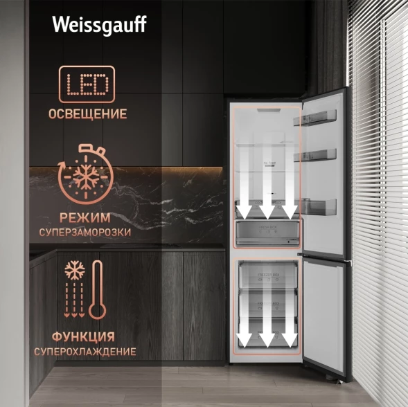 Холодильник Weissgauff WRK 2000 Total NoFrost Inverter 2-хкамерн. черный инвертер