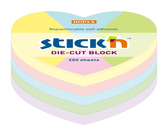 Блок самоклеящийся бумажный Stick`n 21835 64x67мм 250лист. пастель ассорти &amp;quot;сердце&amp;quot;