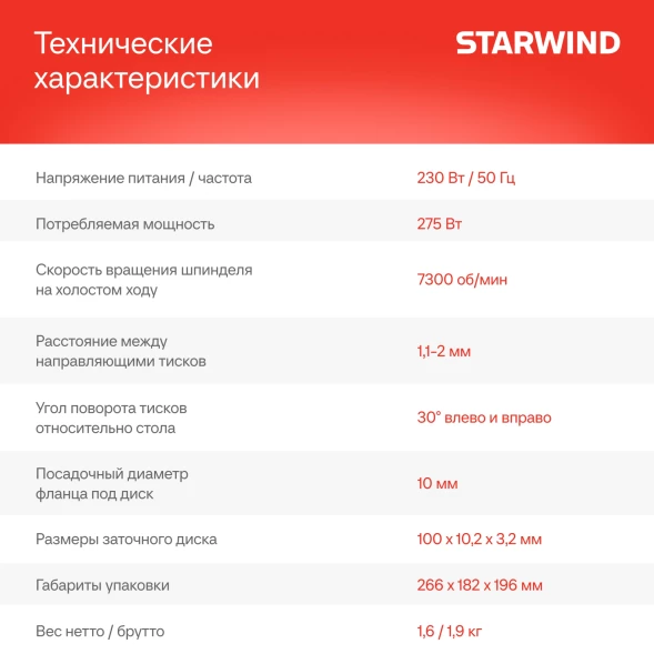 Электроточило Starwind SCG-76/300P 275Вт 7300об/мин d=100мм t=3.2мм