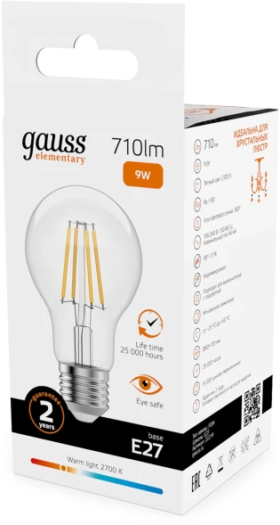 Лампа филам. Gauss Filament 9Вт цок.:E27 груша 220B св.свеч.бел.теп. (упак.:10шт) (22219)