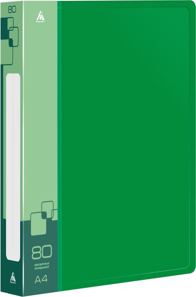 Папка с 80 прозр.вклад. Бюрократ -BPV80GRN A4 пластик 0.8мм торц.карм с бум. встав зеленый