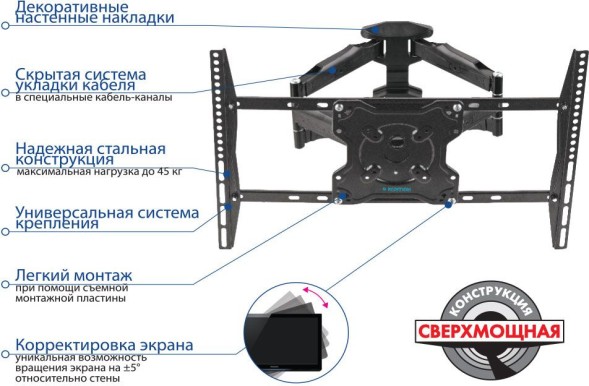Кронштейн для телевизора Kromax ATLANTIS-46 серый 22&amp;quot;-65&amp;quot; макс.45кг настенный поворотно-выдвижной и наклонный