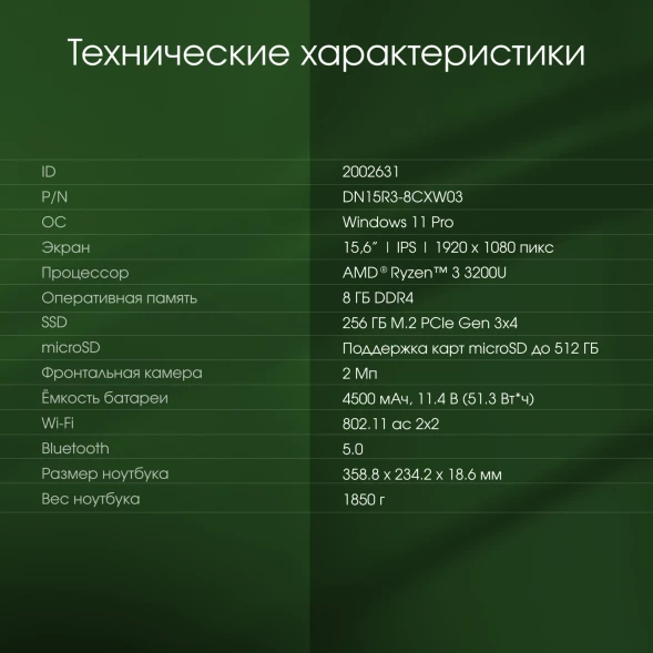 Ноутбук Digma Pro Parvus M Ryzen 3 3200U 8Gb SSD256Gb AMD Radeon Graphics 15.6&amp;quot; IPS FHD (1920x1080) Windows 11 Pro dk.grey WiFi BT Cam 4500mAh (DN15R3-8CXW03)