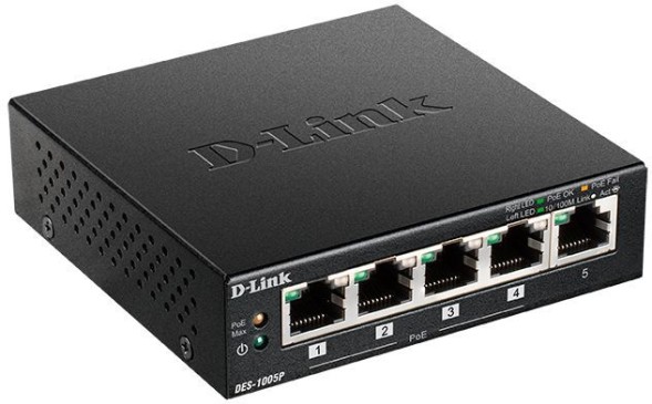 Коммутатор D-Link DES-1005P/B1A 5x100Мбит/с 4PoE 60W неуправляемый