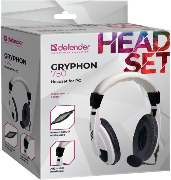 Наушники с микрофоном Defender Gryphon HN-750 белый/черный 2м накладные оголовье (63747)