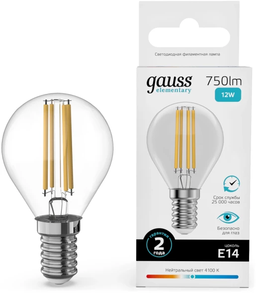 Лампа филам. Gauss Filament 12Вт цок.:E14 шар 220B св.свеч.бел.нейт. (упак.:10шт) (52122)