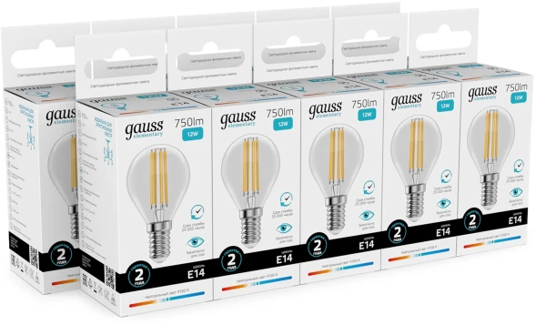 Лампа филам. Gauss Filament 12Вт цок.:E14 шар 220B св.свеч.бел.нейт. (упак.:10шт) (52122)
