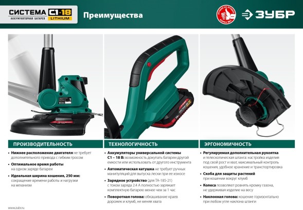 Триммер электрический Зубр ТА-185 аккум. неразбор.штан. реж.эл.:леска