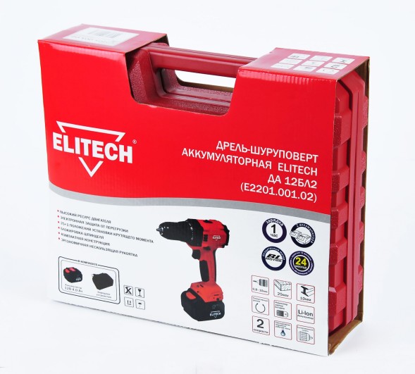 Дрель-шуруповерт Elitech ДА 12БЛ2 (Е2201.001.02) аккум. патрон:быстрозажимной (кейс в комплекте) (191606)