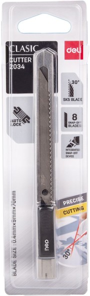 Нож канцелярский Deli E2034 Essential Metal Vivid Mini шир.лез.9мм фиксатор сталь серый