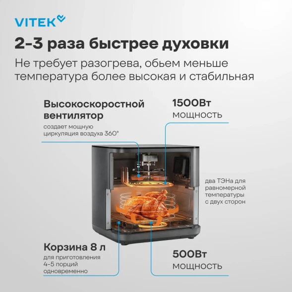 Аэрогриль Vitek VT-AF0001 8л 2000Вт темно-серый/черный