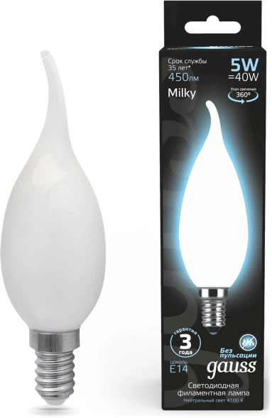 Лампа филам. Gauss Filament 5Вт цок.:E14 свеча 220B св.свеч.бел.нейт. (упак.:10шт) (104201205)