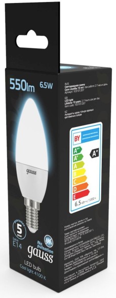 Лампа светодиодная Gauss Black 6.5Вт цок.:E14 свеча 220B 4100K св.свеч.бел.нейт. C37 (упак.:10шт) (103101207)