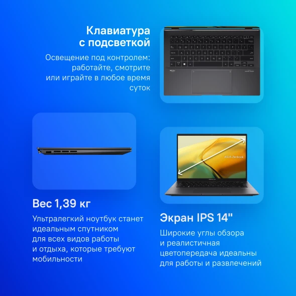 Ноутбук Asus Zenbook 14 UM3402YA-KP854 Ryzen 5 7430U 16Gb SSD512Gb AMD Radeon Graphics 14&amp;quot; IPS WQXGA (2560x1600) без ОС black WiFi BT Cam Bag (90NB0W95-M01KZ0)
