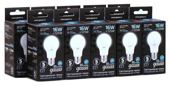 Лампа светодиодная Gauss A60 16Вт цок.:E27 груша 220B 4100K св.свеч.бел.нейт. (упак.:10шт) (102502216)