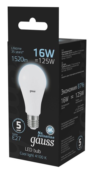 Лампа светодиодная Gauss A60 16Вт цок.:E27 груша 220B 4100K св.свеч.бел.нейт. (упак.:10шт) (102502216)