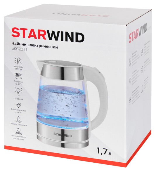 Чайник электрический Starwind SKG2011 1.7л. 2200Вт белый/серебристый корпус: стекло/металл/пластик