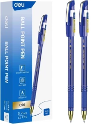 Ручка шариков. Deli EQ90 синий/золотистый d=0.7мм син. черн. карт.уп. резин. манжета чернила пониженной вязкости