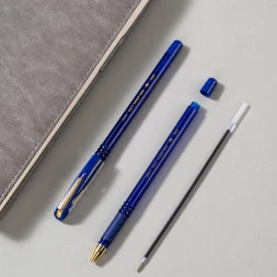 Ручка шариков. Deli EQ90 синий/золотистый d=0.7мм син. черн. карт.уп. резин. манжета чернила пониженной вязкости