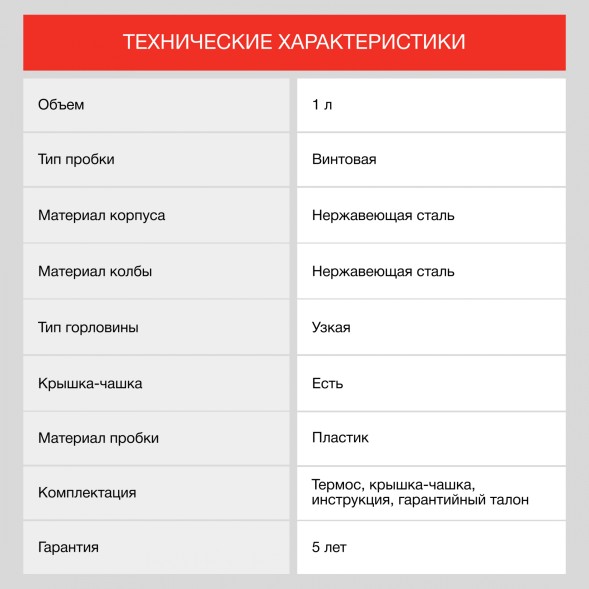 Термос Starwind 10-1000 1л. серебристый/красный картонная коробка