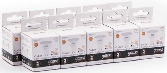 Лампа светодиодная Gauss Elementary MR16 7Вт цок.:GU10 спот 220B 3000K св.свеч.бел.теп. (упак.:10шт) (13617)