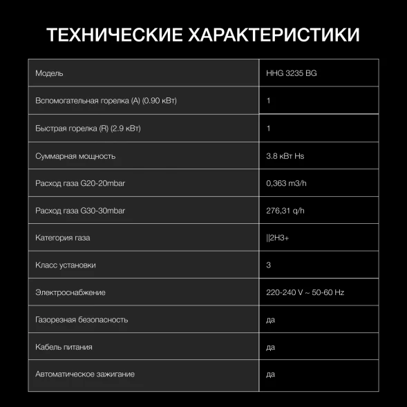 Газовая варочная поверхность Hyundai HHG 3230 BG черный