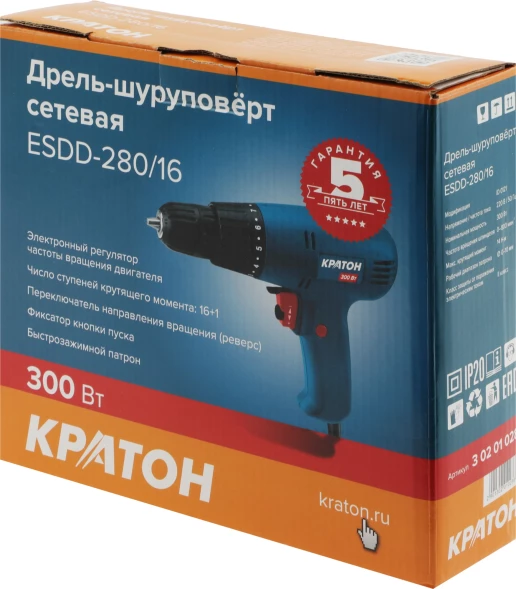 Дрель-шуруповерт Кратон ESDD-280/16 HOBBY 280Вт патрон:быстрозажимной (3 02 01 028)