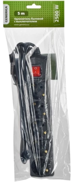 Сетевой удлинитель IEK У05В 5м (5 розеток) черный (пакет ПЭ)