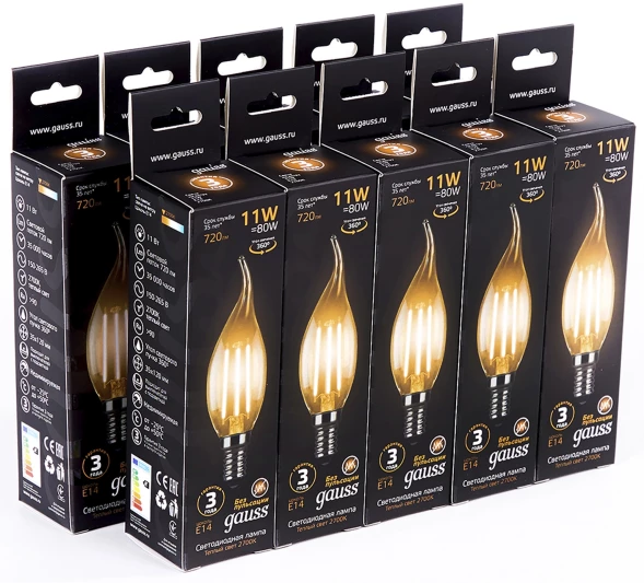 Лампа филам. Gauss Filament 11Вт цок.:E14 свеча 220B св.свеч.бел.теп. CF35 (упак.:10шт) (104801111)