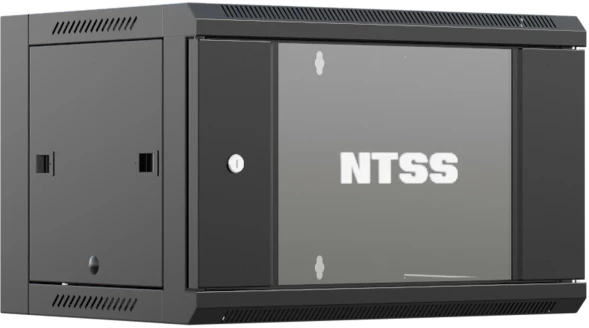 Шкаф коммутационный NTSS (NTSS-W9U6060GS-BL) настенный 9U 570x600мм пер.дв.стекл 60кг черный 500мм 22кг 220град. 500мм IP20 сталь