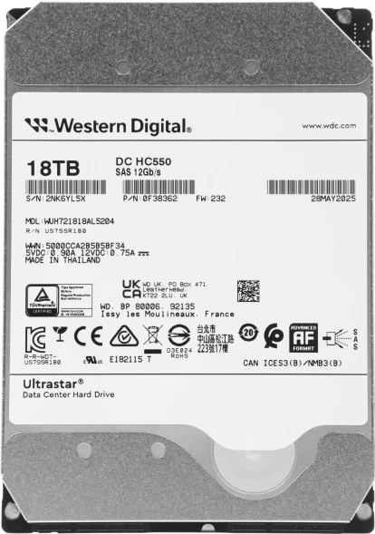 Жесткий диск WD SAS 3.0 18TB 0F38362 WUH721818AL5204 Server Ultrastar DC HC550 512E (7200rpm) 512Mb 3.5&amp;quot;