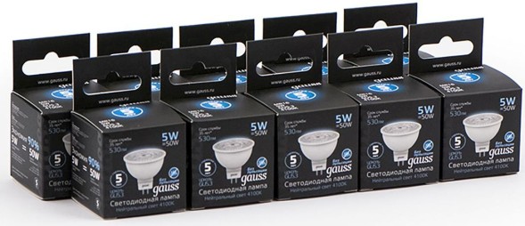 Лампа светодиодная Gauss Black 5Вт цок.:GU5.3 рефлек. 220B 4100K св.свеч.бел.нейт. MR16 (упак.:10шт) (101505205)