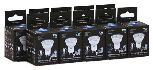 Лампа светодиодная Gauss MR16 7Вт цок.:GU10 спот 220B 4100K св.свеч.бел.нейт. MR16 (упак.:10шт) (101506207)