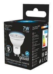 Лампа светодиодная Gauss MR16 7Вт цок.:GU10 спот 220B 4100K св.свеч.бел.нейт. MR16 (упак.:10шт) (101506207)