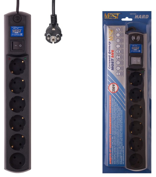 Сетевой фильтр Most HV6 2м (6 розеток) черный (коробка)