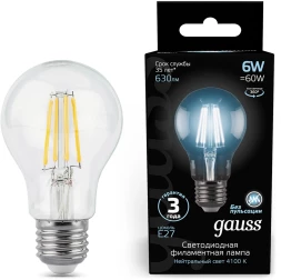 Лампа филам. Gauss Filament A60 6Вт цок.:E27 груша 220B св.свеч.бел.нейт. (упак.:10шт) (102802206)