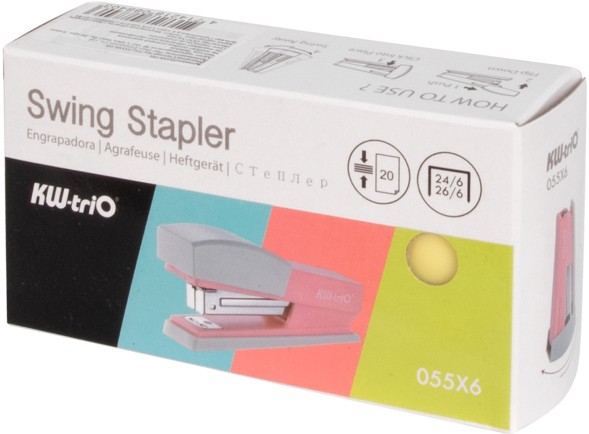 Степлер Kw-Trio 055X6-YEL Swing Standing 24/6 26/6 (20листов) желтый 100скоб пластик коробка