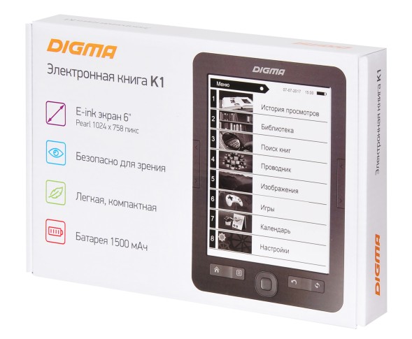 Электронная книга Digma K1 6&amp;quot; E-ink HD Pearl 758x1024 600MHz 128Mb/4Gb/SD/microSDHC темно-серый